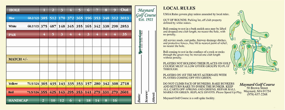 Scorecard - Maynard Golf Course